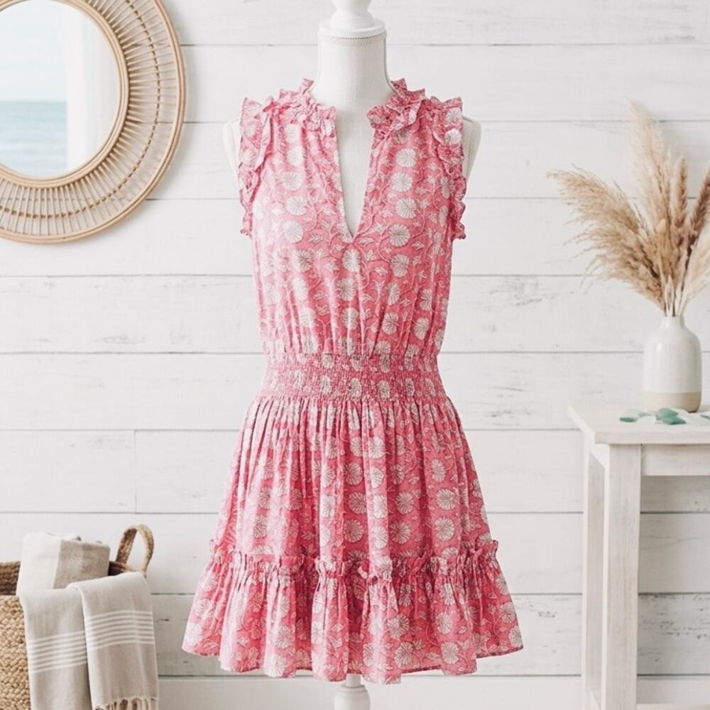 Anna Cate Morgan Dress Pink Floral Smocked Mini cotton Ruffle Sz S boho coastal
